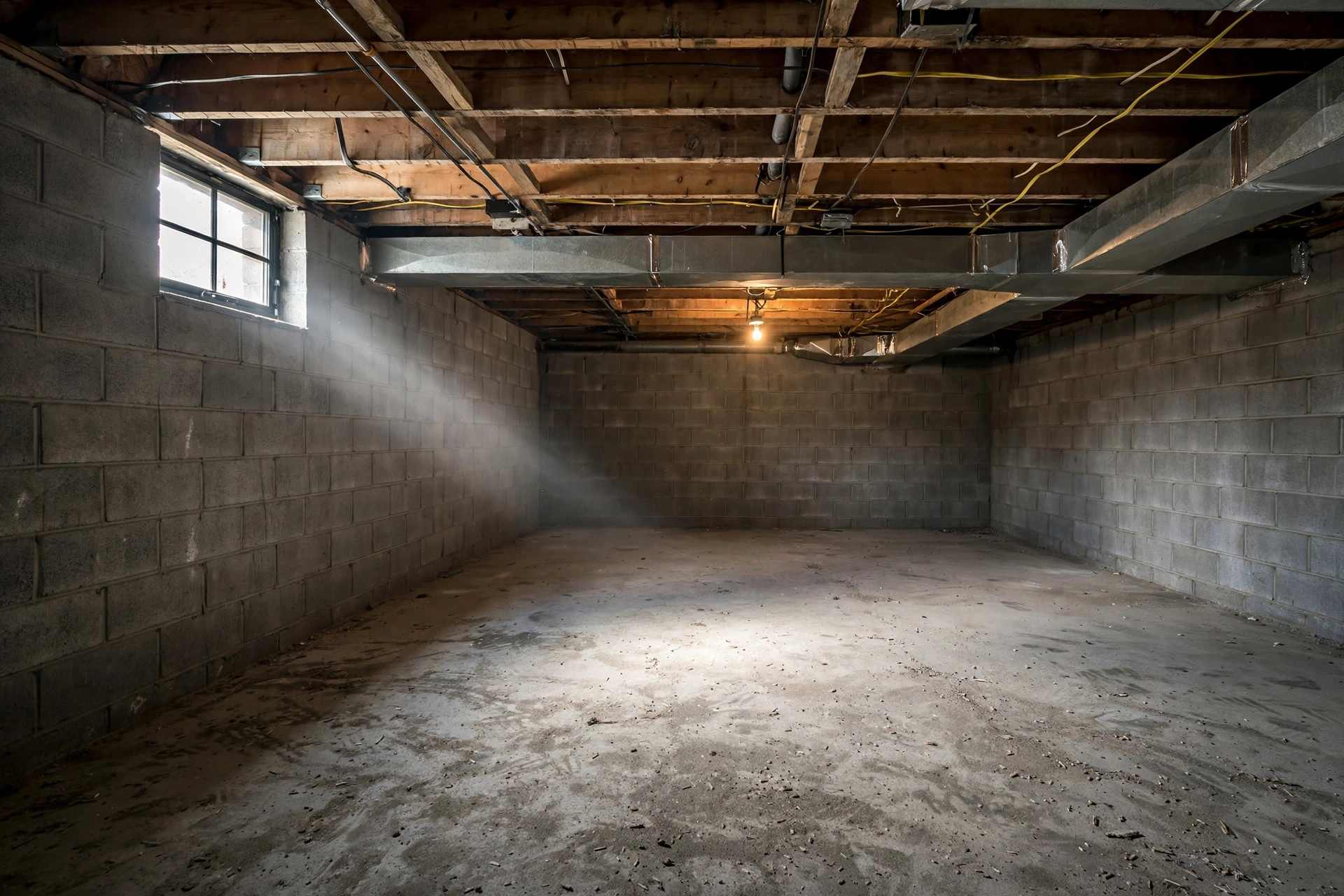 Before — unfinished basement with concrete block walls, concrete floor and exposed ceiling joists (illustrative image)