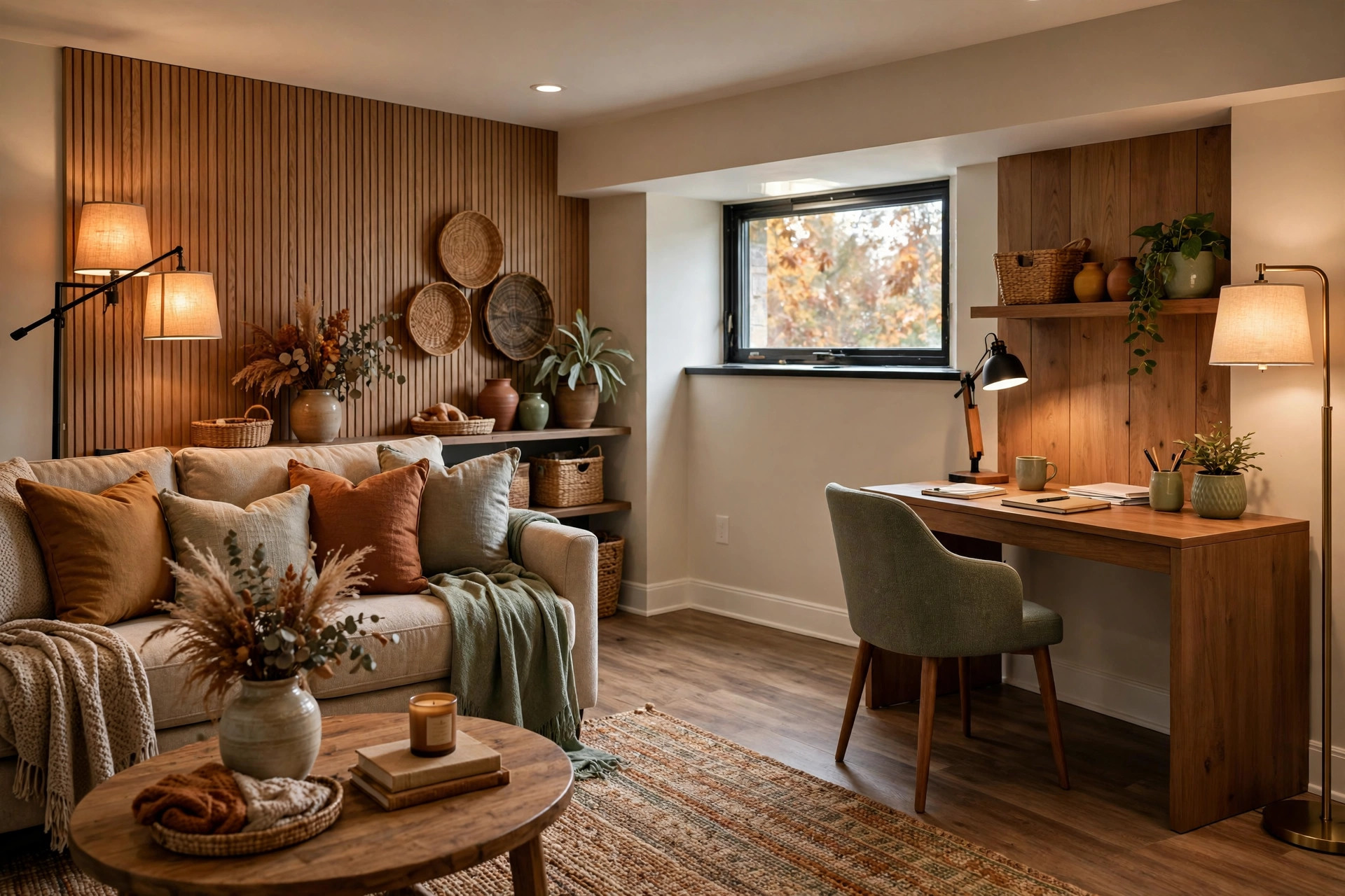 Basement Finishing in Shrewsbury, MA — finished basement family lounge with home office nook, warm wood slat wall and layered lighting