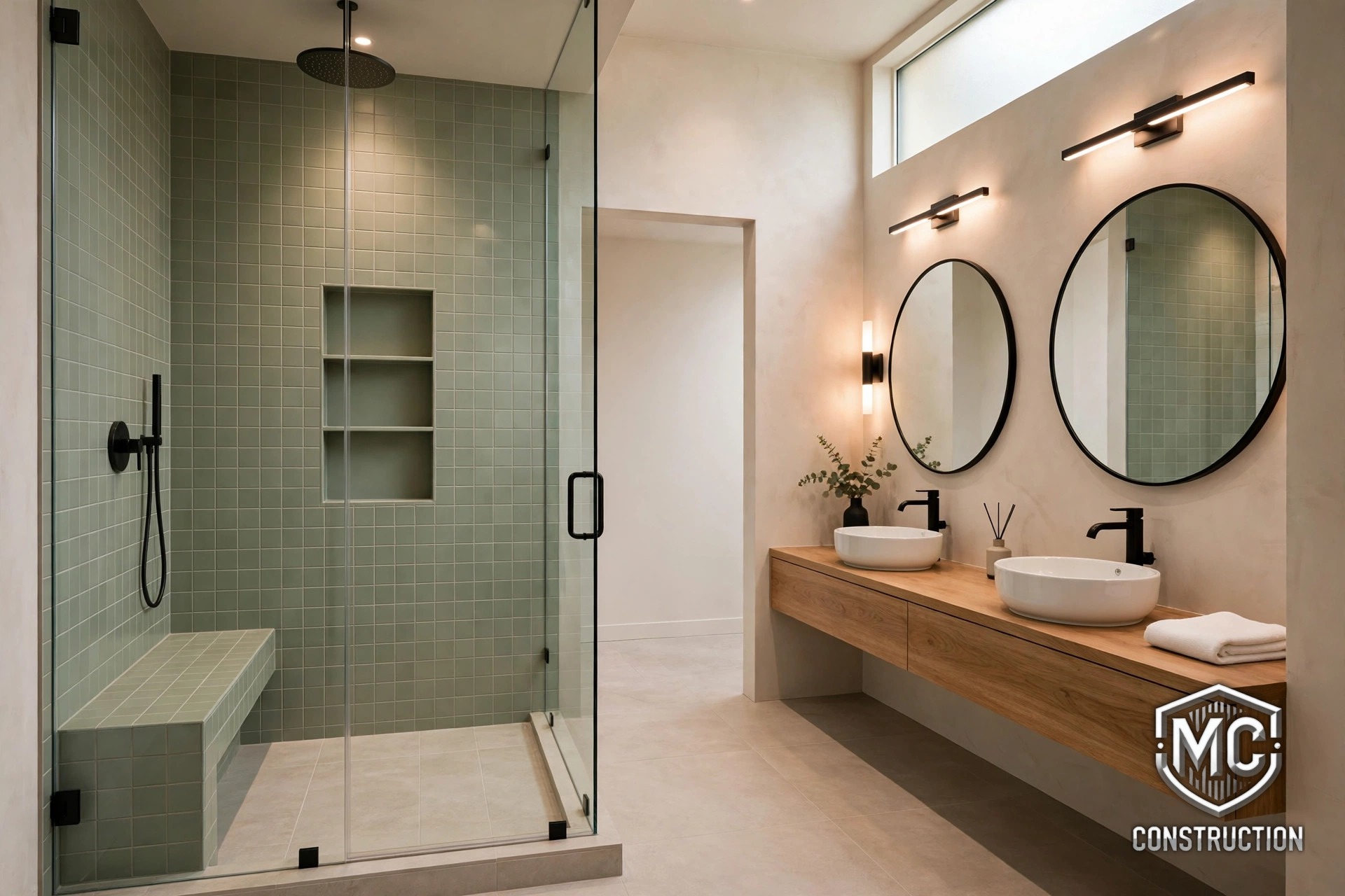 Bathroom Remodeling in Natick, MA — spa-like primary bathroom with walk-in shower, frameless glass and sage green tile