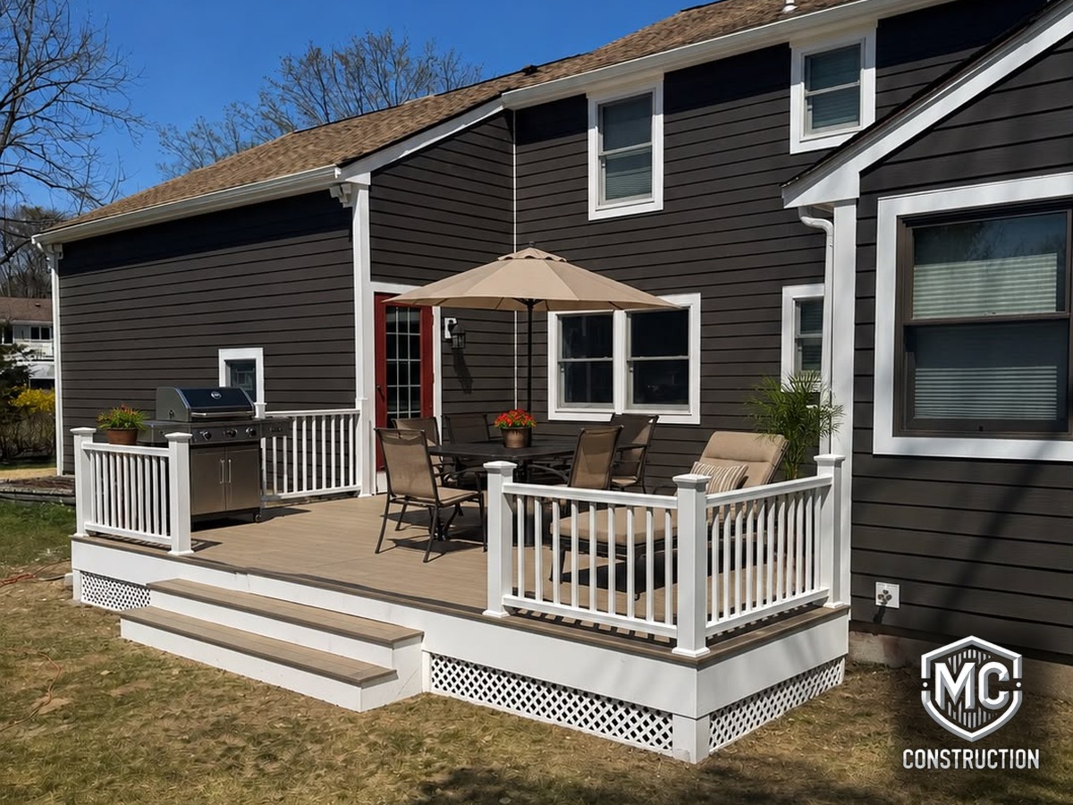 Deck concluído em Framingham: composite e railing de vinil prontos