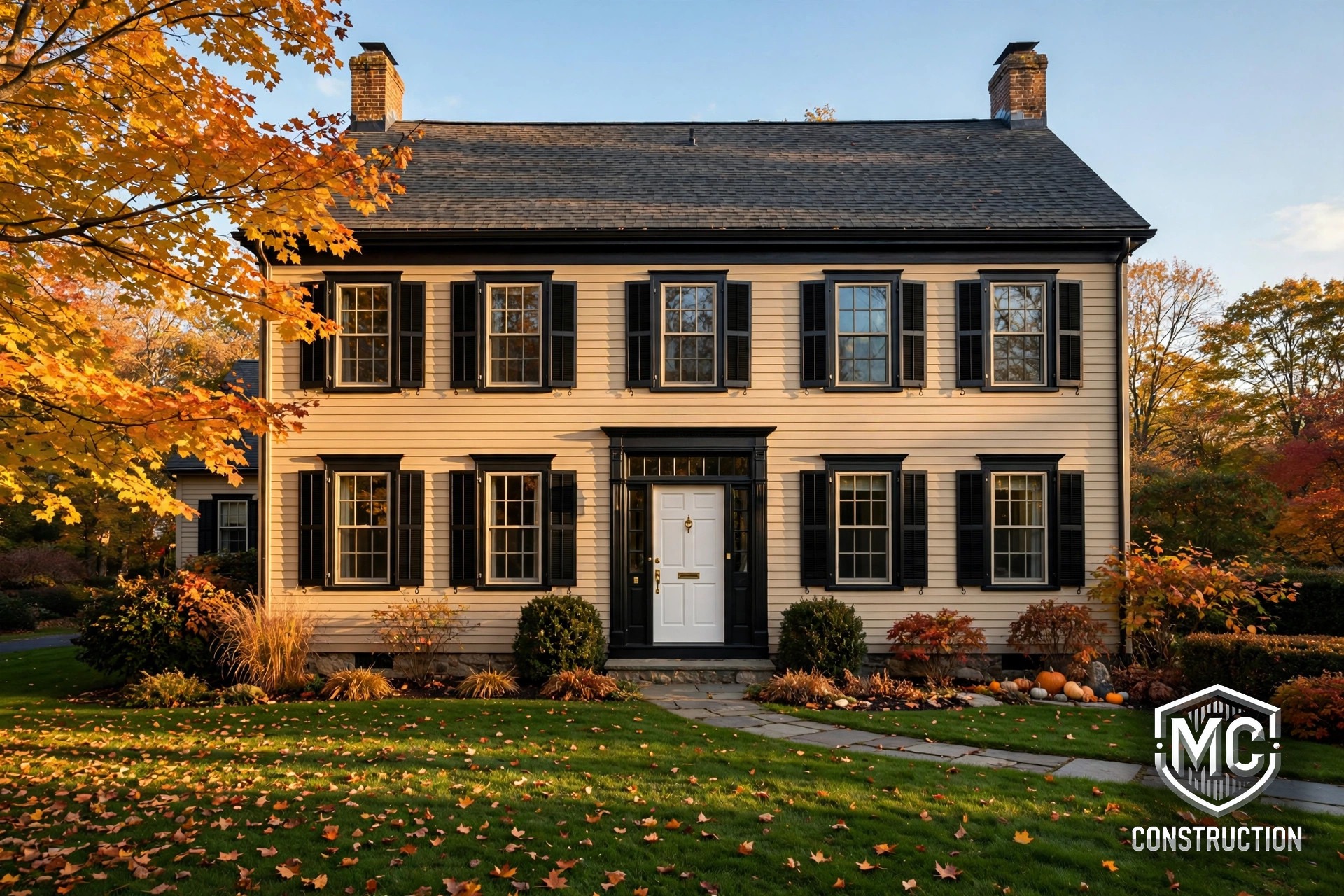 Exterior Painting in Sudbury — freshly painted New England colonial with beige siding and black trim in fall