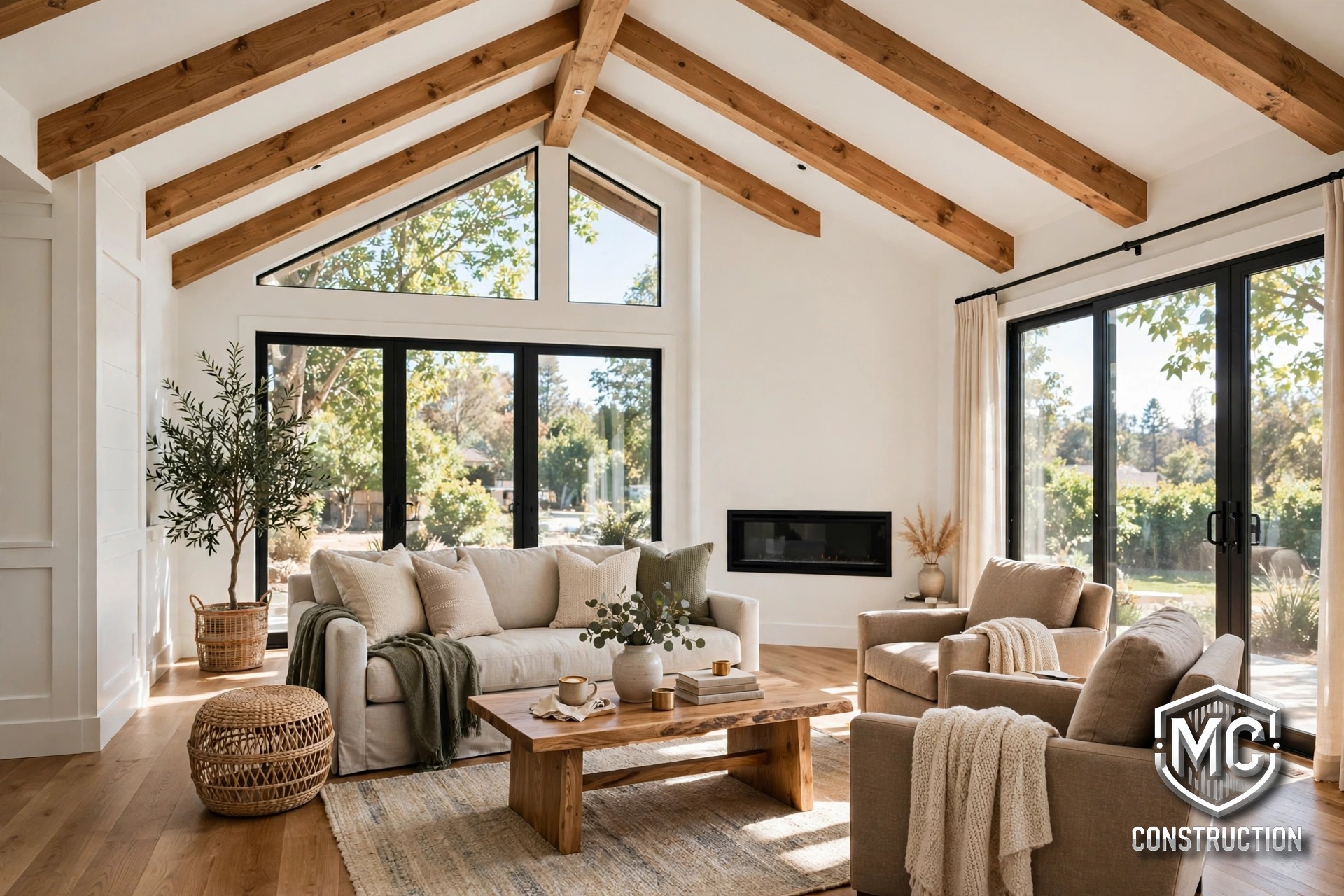 Bright interior of a newly built family room addition with vaulted ceiling and large windows