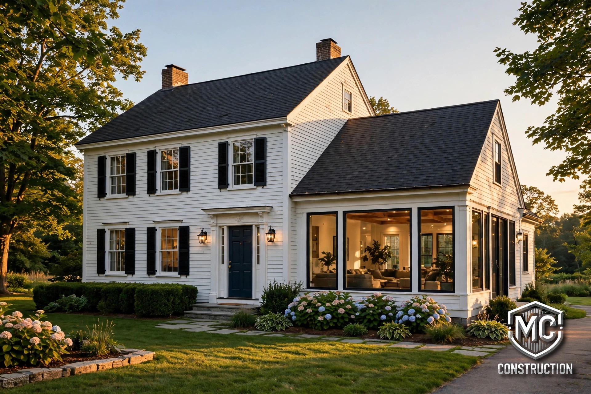 Home addition in Winchester, MA — classic colonial house with a newly built family room addition at golden hour