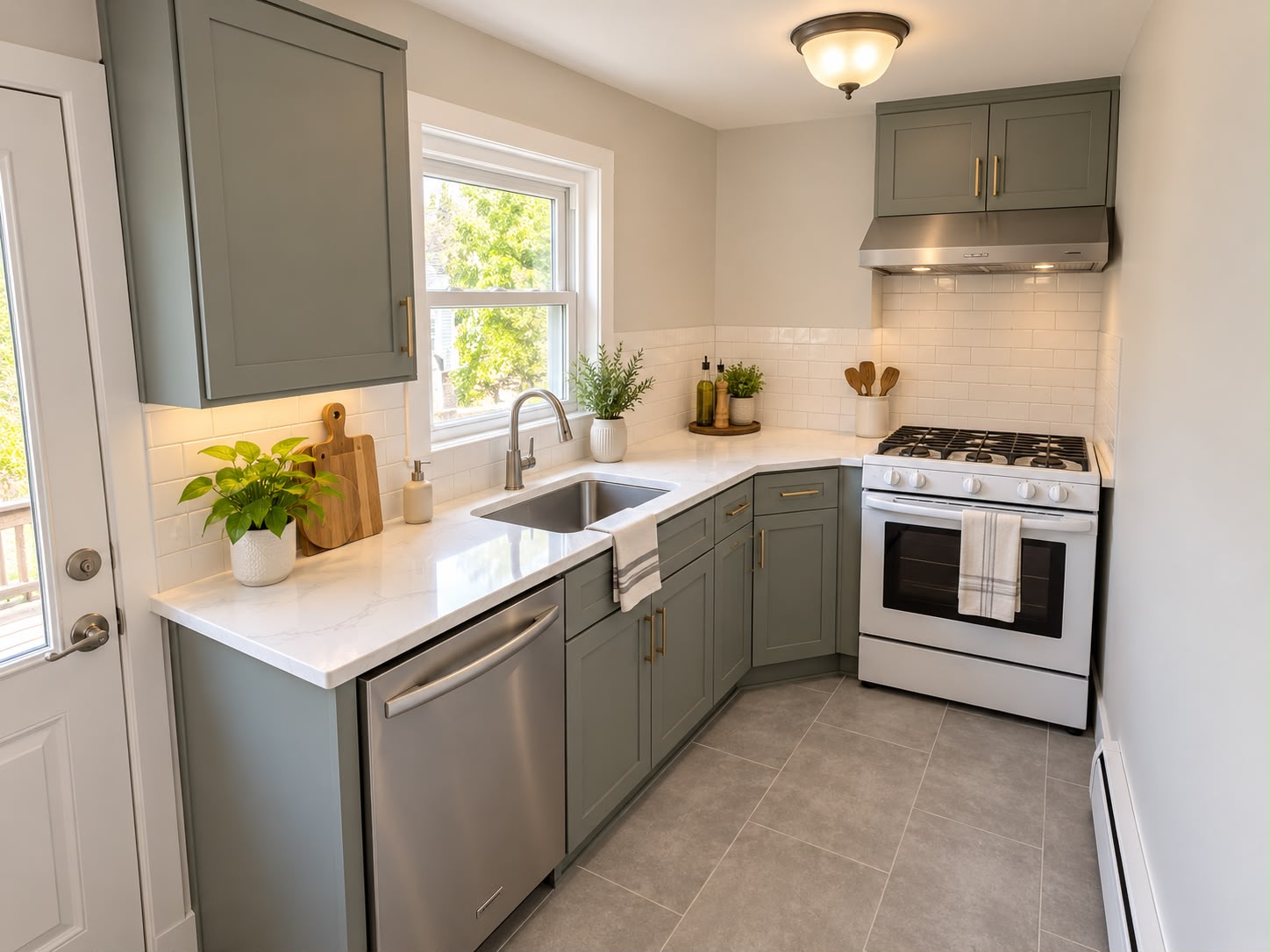 Kitchen remodeling in Boylston, MA — after: renovated kitchen with sage green cabinets and quartz counters
