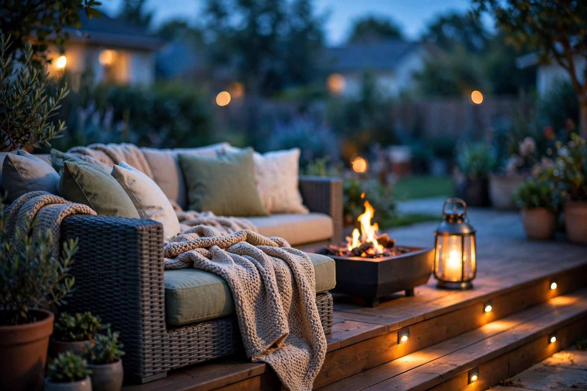 Lounge corner on a deck at dusk with outdoor sofa, fire pit and lantern lighting