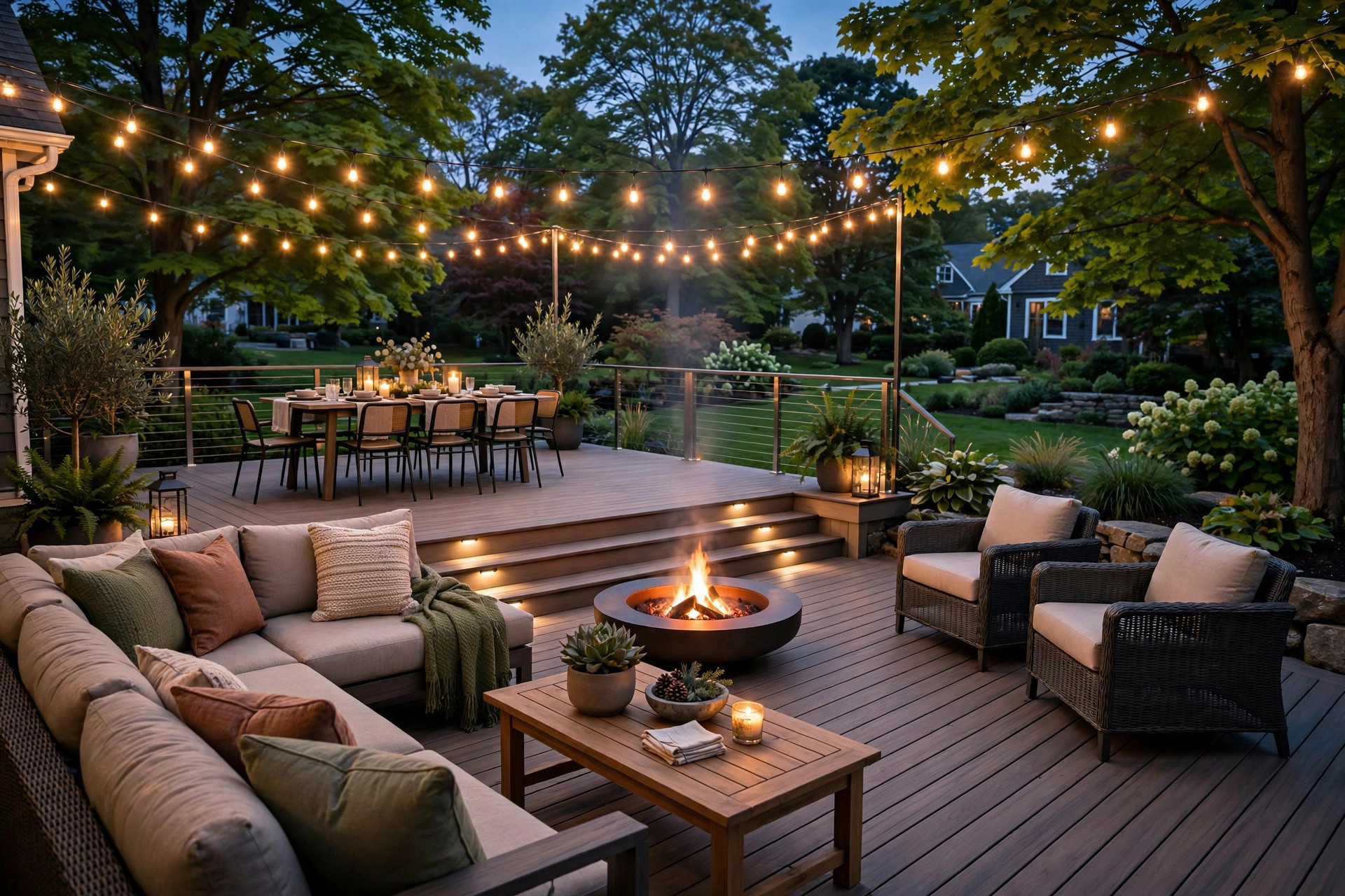 Outdoor living in Lexington, MA — composite deck designed as an outdoor living room with lounge seating, fire pit and layered lighting at dusk