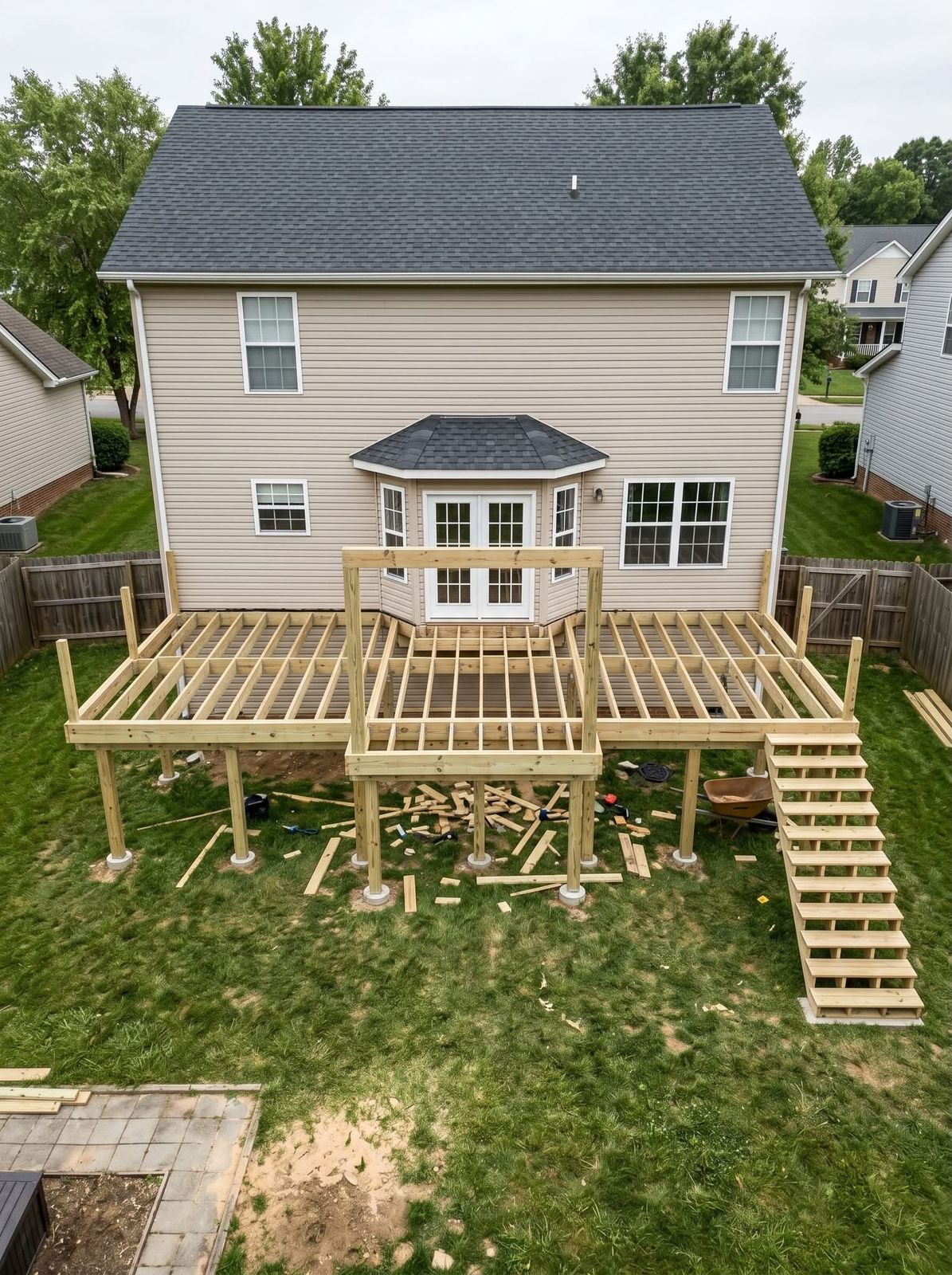 Deck framing under construction — MetroWest Boston, MA