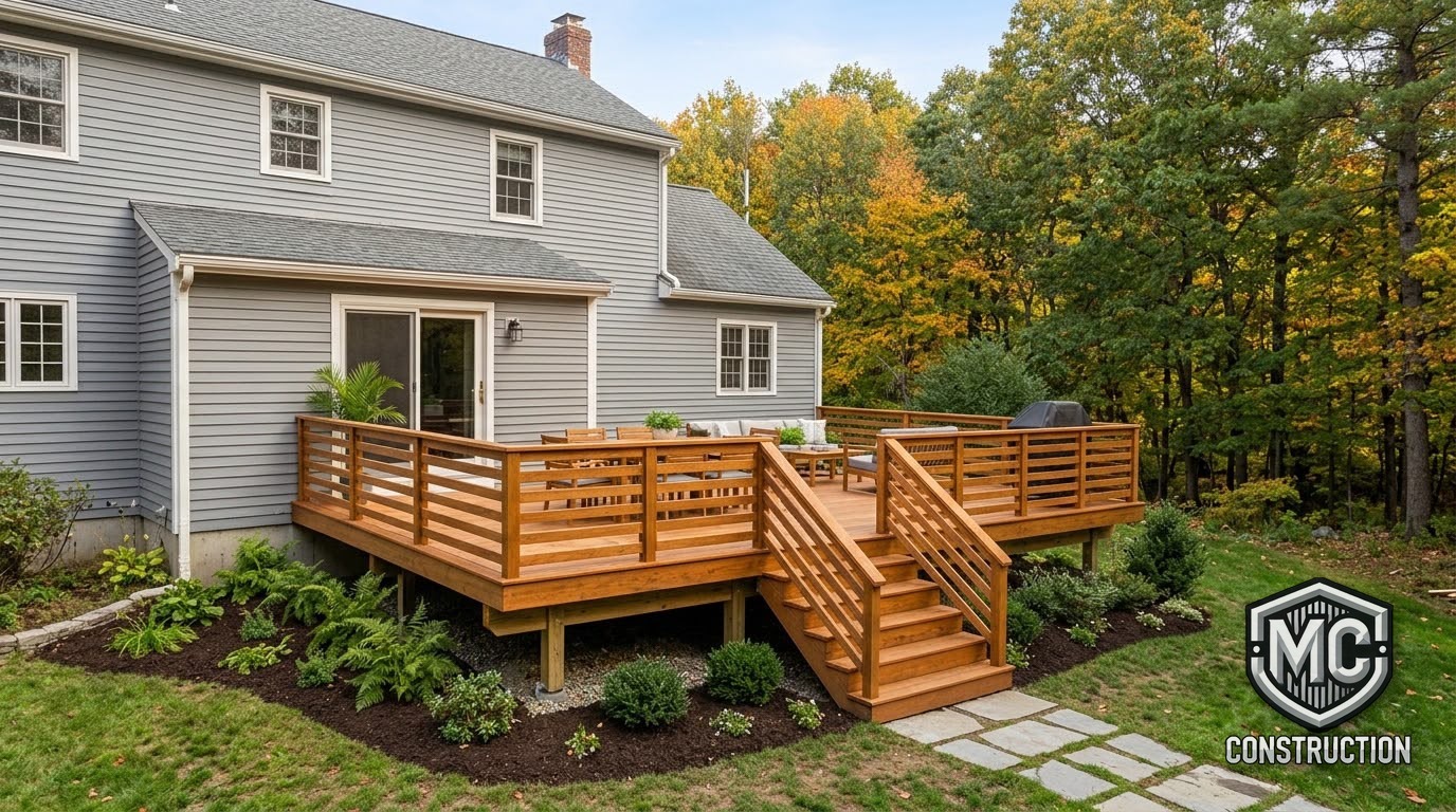 New wood deck with railings, stairs and landscaping built by MC Construction and Improvement in Newton, MA