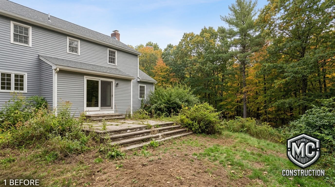 Worn patio and overgrown yard before deck replacement in Newton, MA