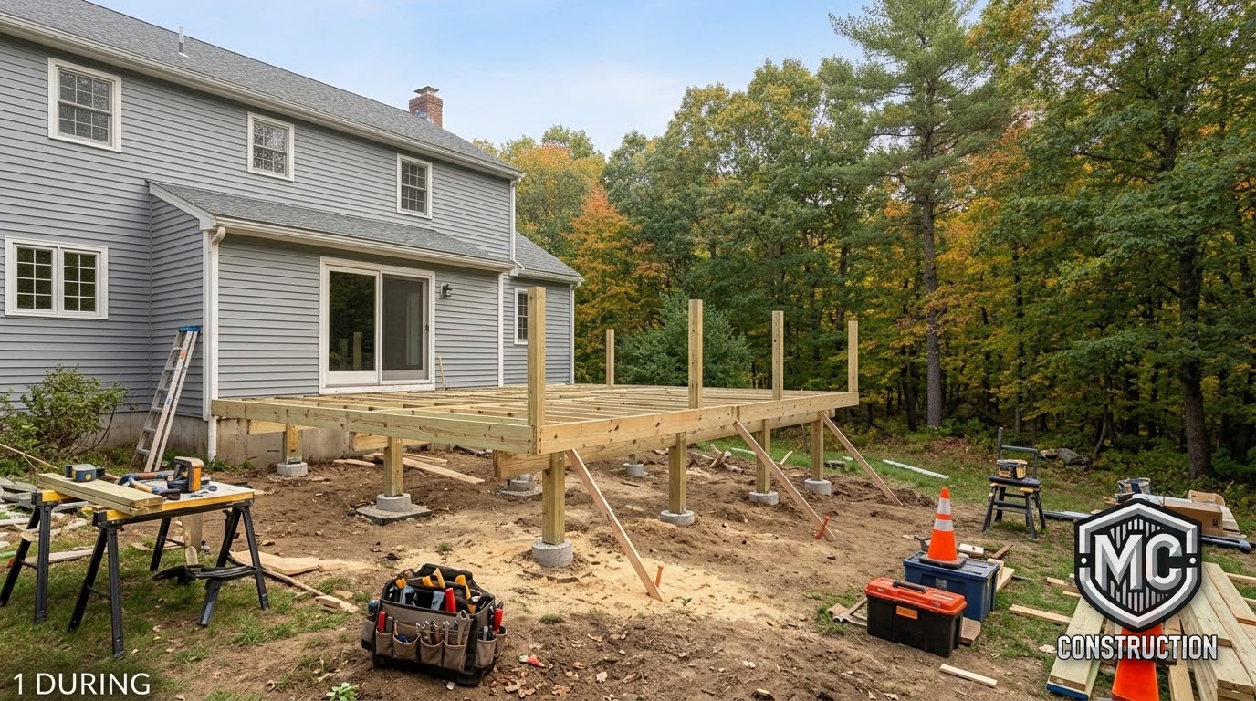 Deck framing under construction by MC Construction and Improvement in Newton, MA