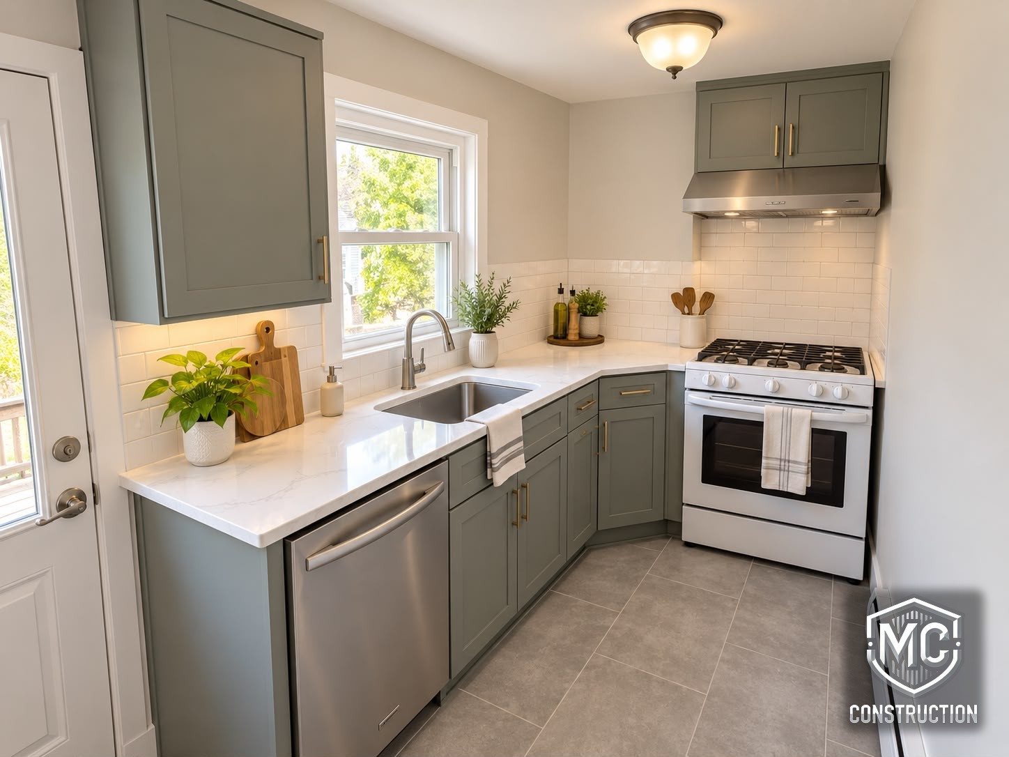 Renovated kitchen with sage green cabinets, quartz counters and subway tile backsplash in Boylston, MA