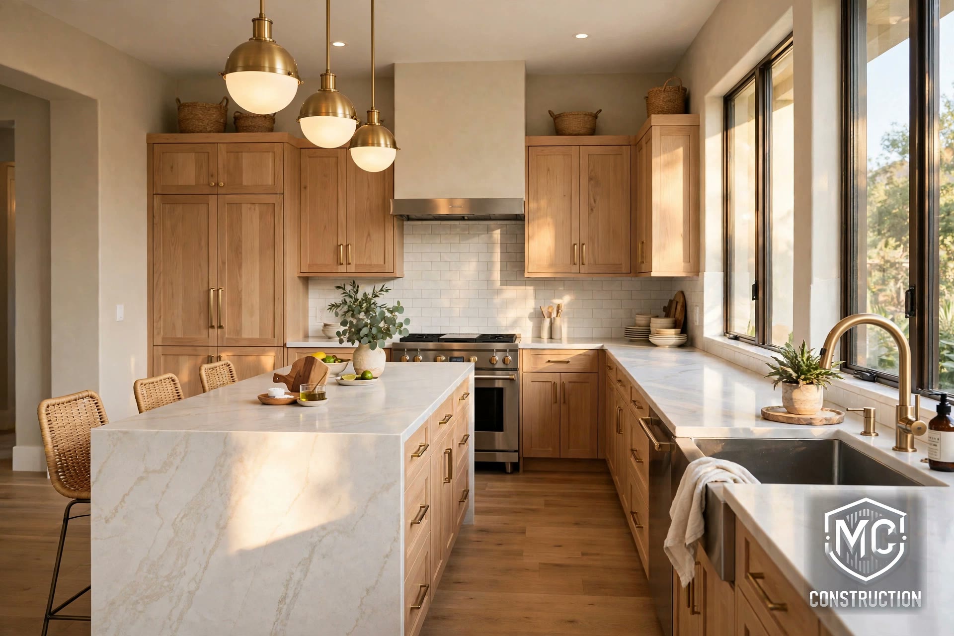 Pantry cabinets and island with brass pendant lights