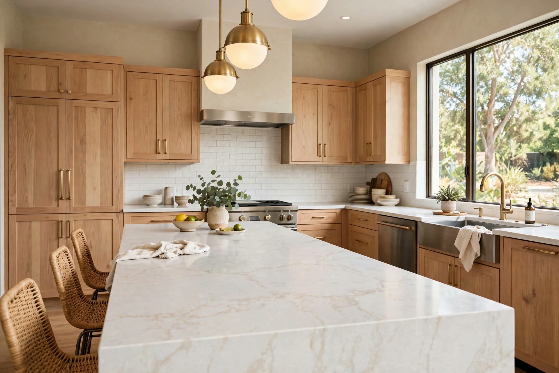 Range wall with subway tile backsplash and oak cabinets
